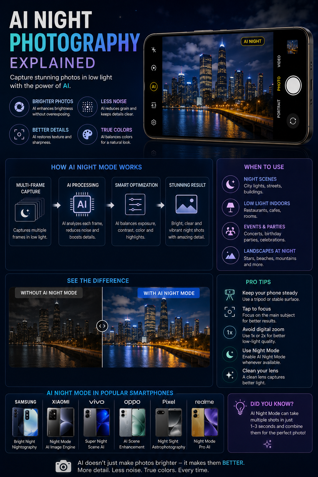 AI Night Photography Explained: How Phones Capture Brighter Low-Light Photos