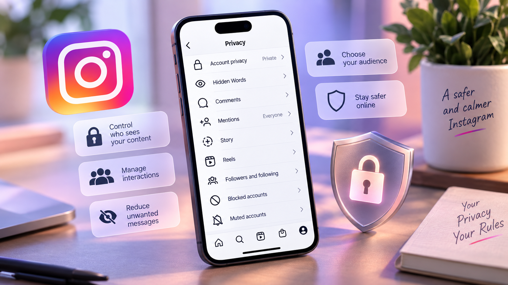Illustration representing Instagram privacy, comment filters and notification controls