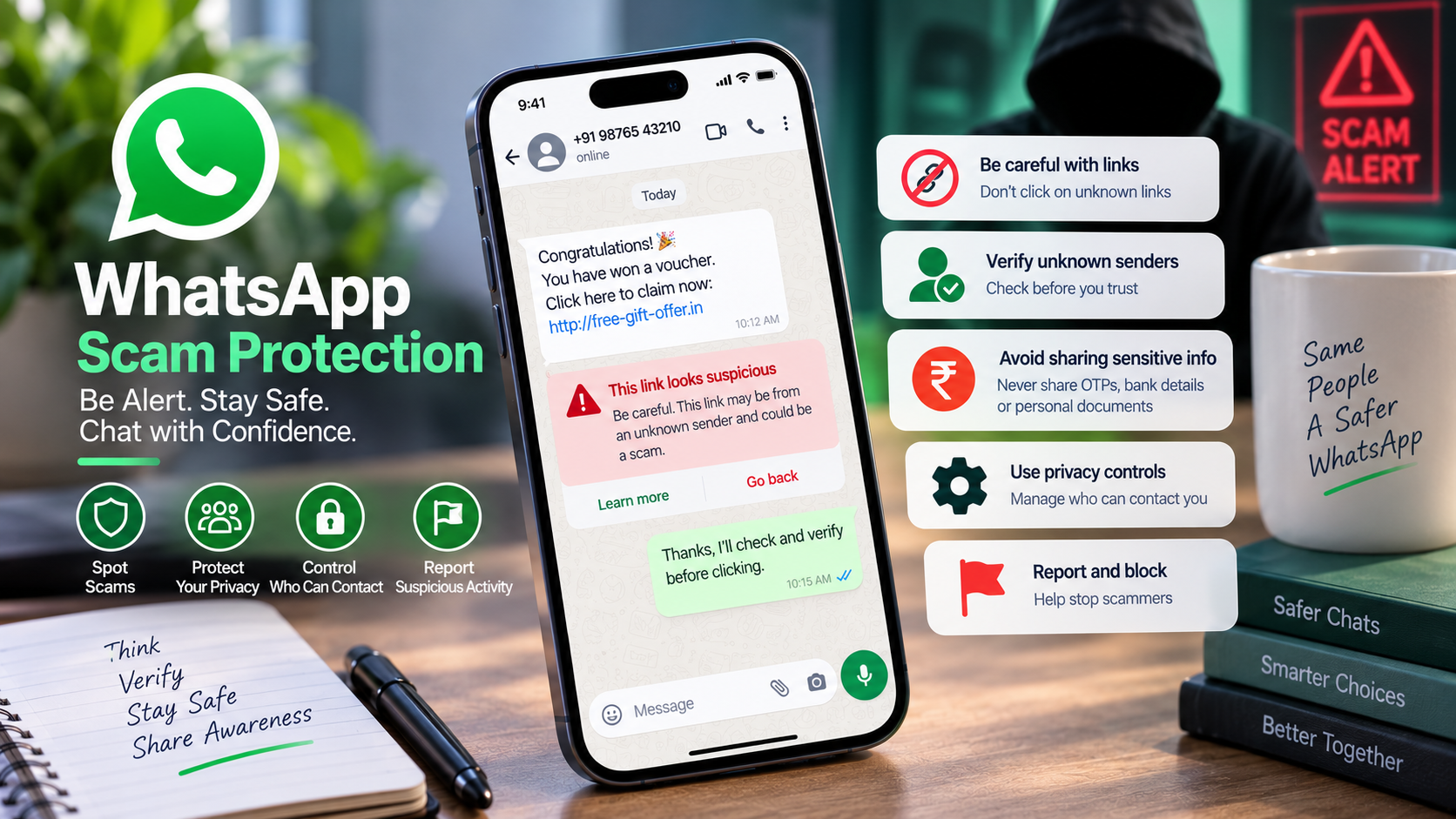 Illustration representing WhatsApp unknown caller protection, blocking and scam awareness