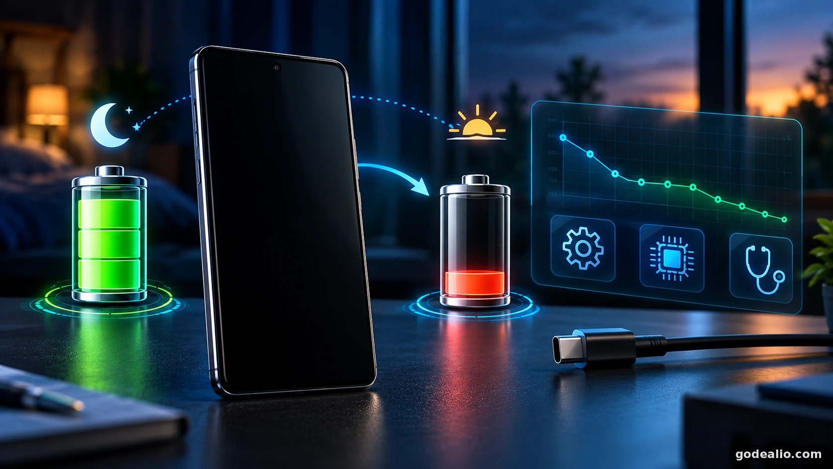 Generic Android smartphone powered off beside a battery gauge illustrating charge loss and diagnostic testing.