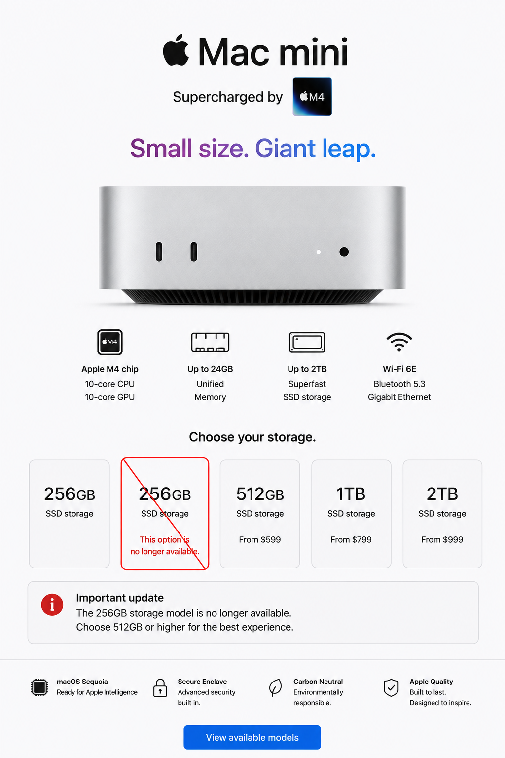 Apple stops selling the M4 Mac mini 256GB storage model through its online store